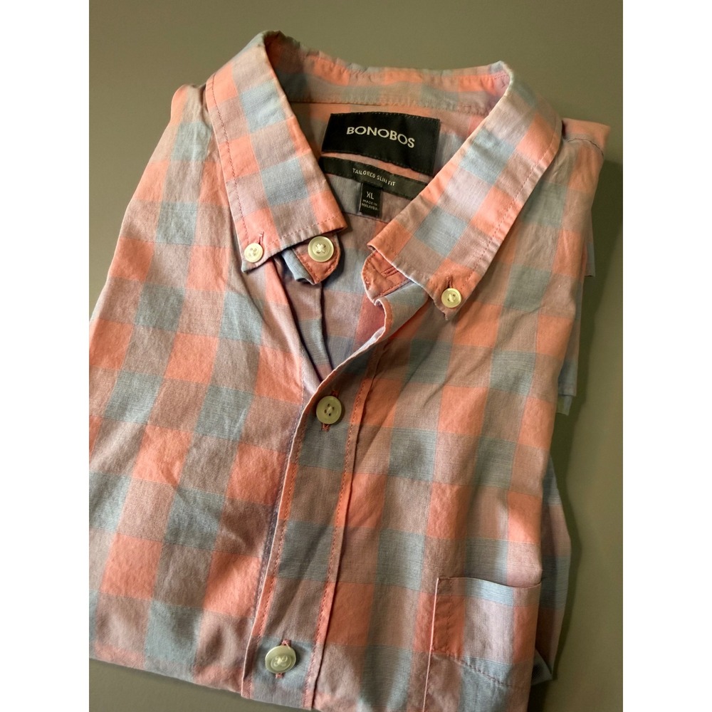 Bonobos Mens XL Tailored Slim Fit Gingham Button Down Shirt Pink Blue Cotton